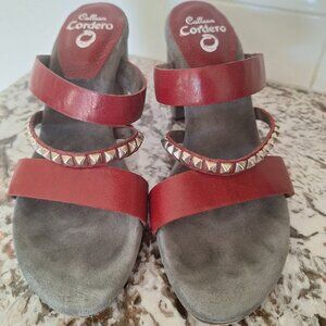 Calleen Cordero red Leather boho Wood Slides Heels studded lace up sandals 8